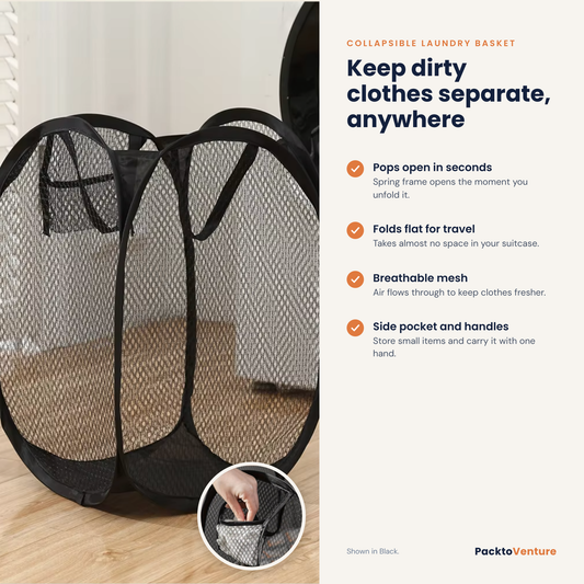 Collapsible travel laundry basket features